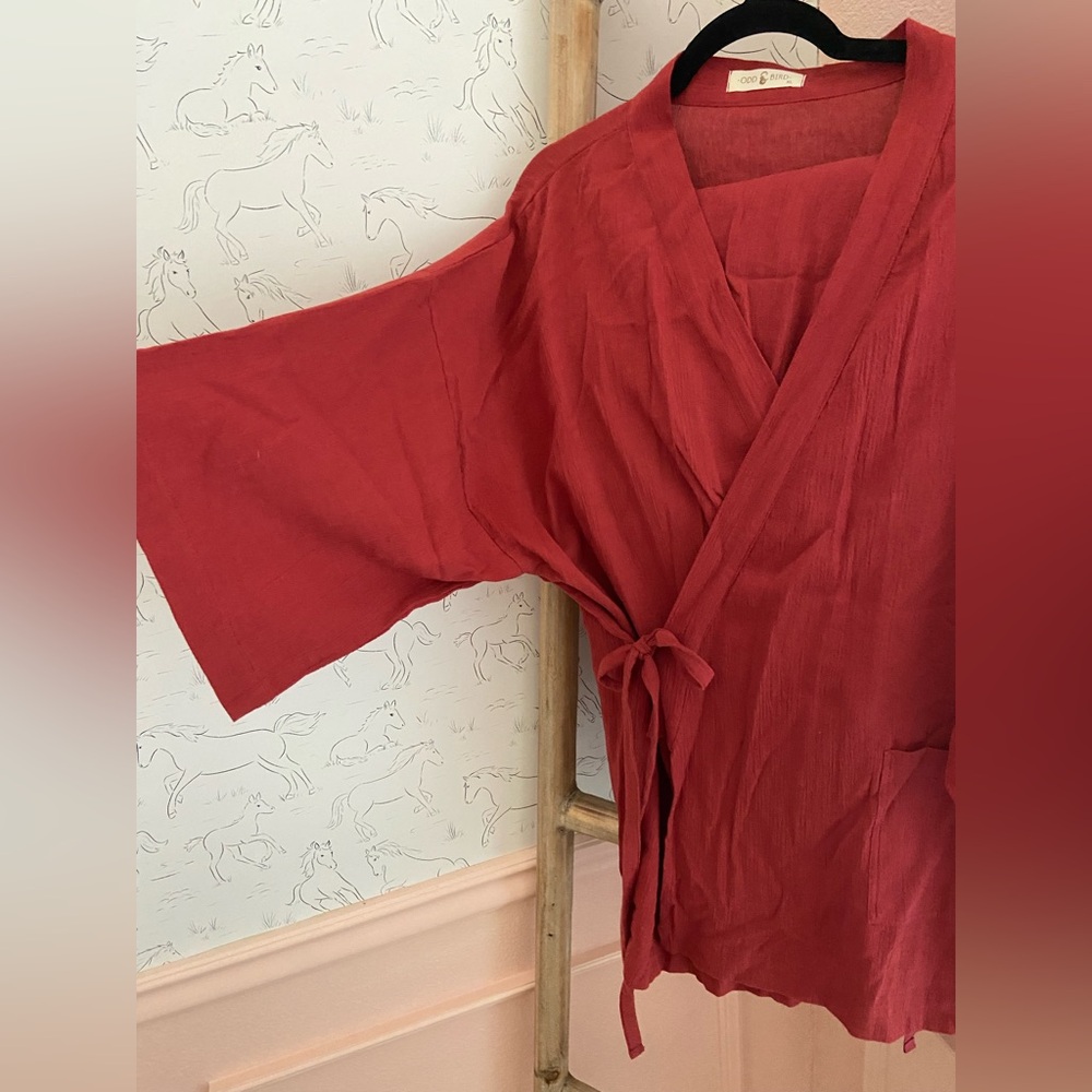 Women's Red Kimono-Style Loungewear Set: Wide-Leg Pants and Tunic Wrap w Pockets - Picture 7 of 10